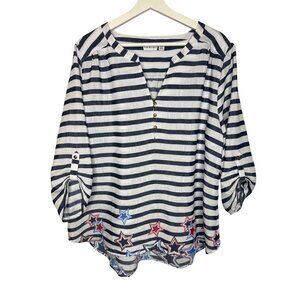 Kim Rogers Navy and White Striped Star-Print Blouse